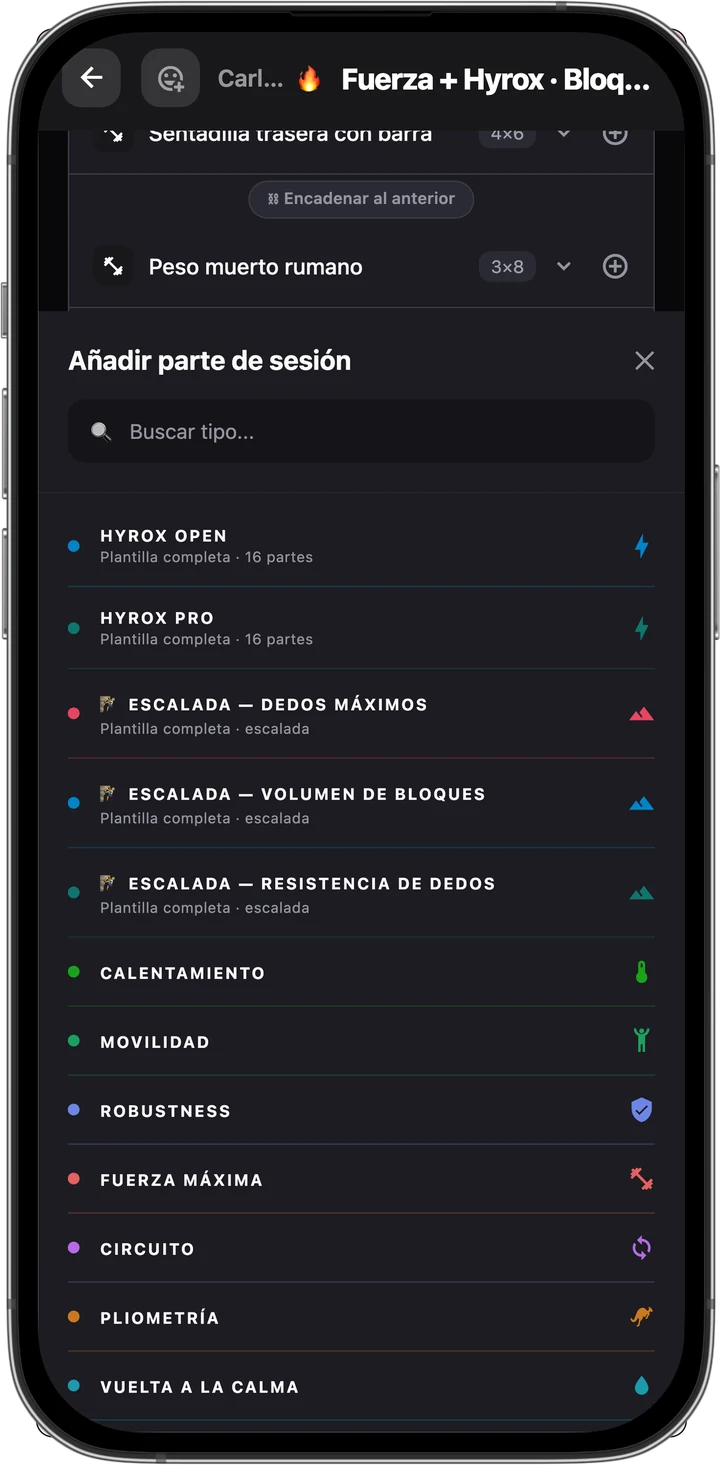 Plantillas de Hyrox en MyTrainIt: Hyrox Open y Hyrox Pro, de dieciséis partes cada una, dentro de la lista de partes de sesión.